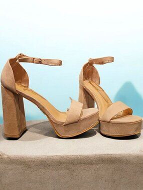 Beige Faux Suede Platform Block Heel Sandals With Adjustable Ankle Strap